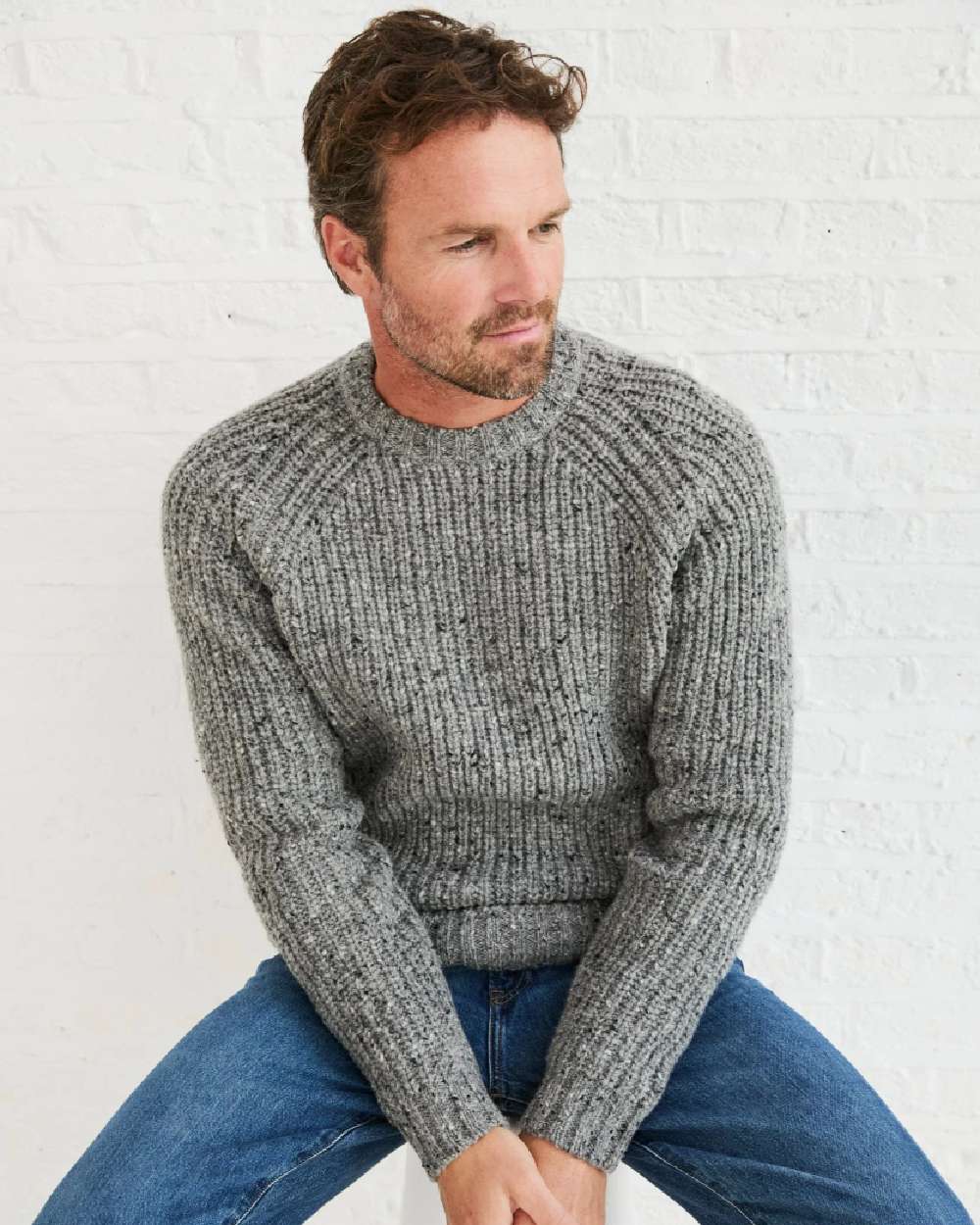 Light Grey Coloured Aran Mens Killykeen Fisherman Ribbed Crew on indoor background