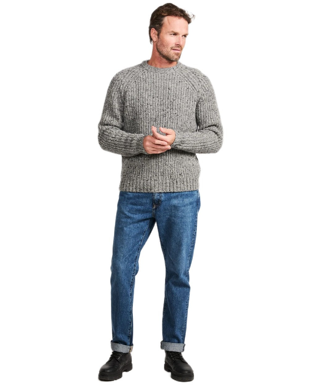 Light Grey Coloured Aran Mens Killykeen Fisherman Ribbed Crew on white background