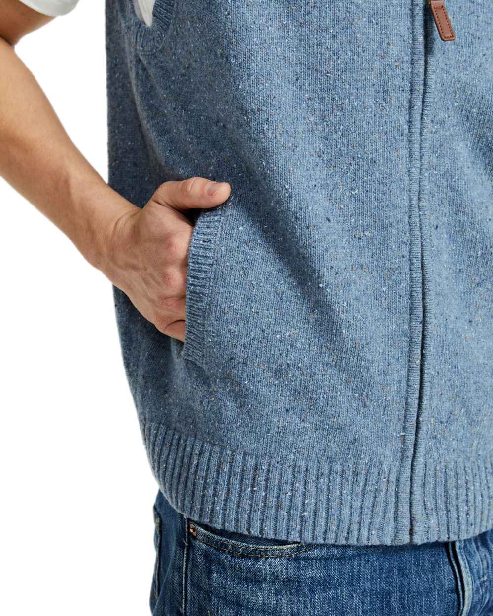 Blue Coloured Aran Mens Rossport Nepped Gilet on white background