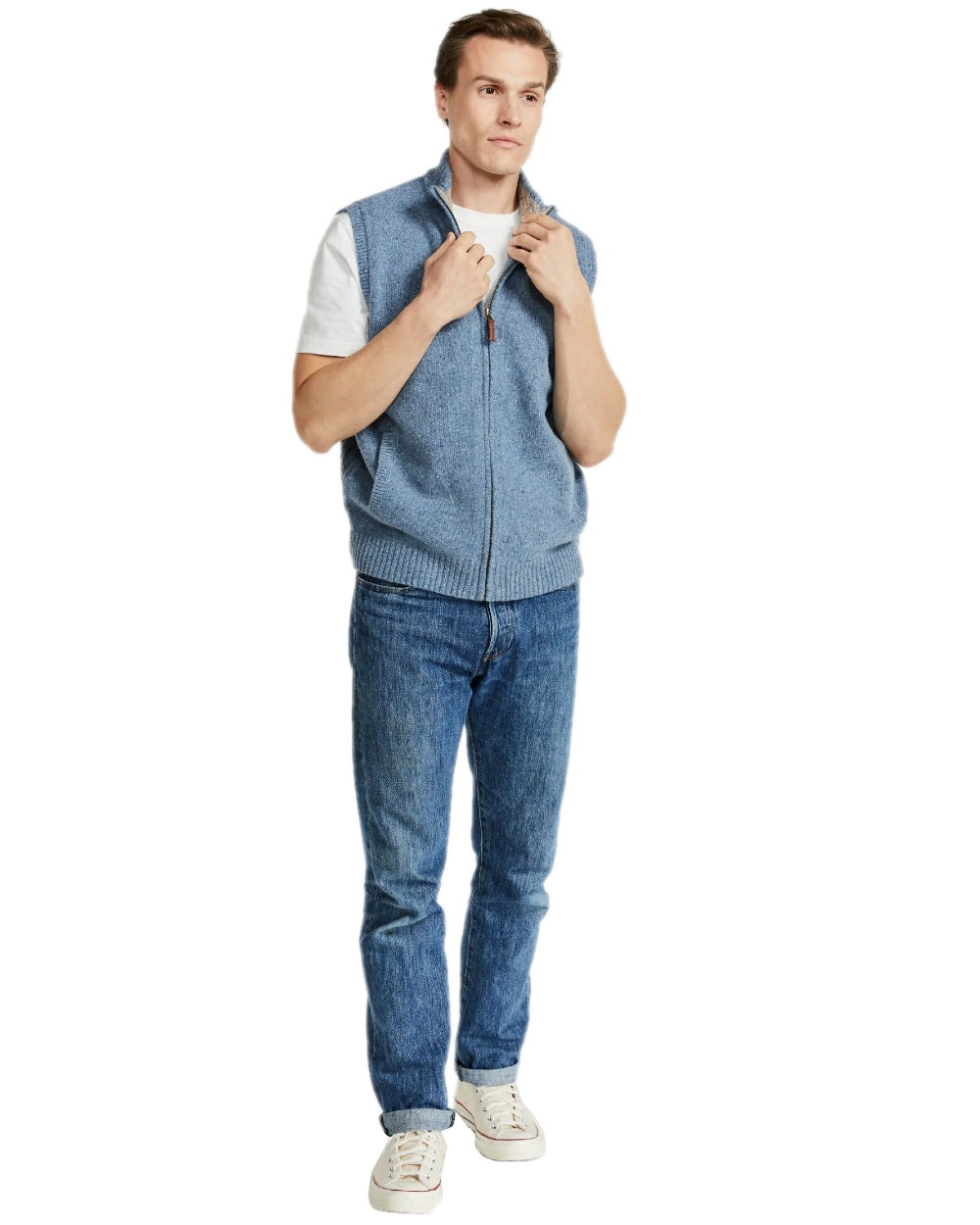 Blue Coloured Aran Mens Rossport Nepped Gilet on white background