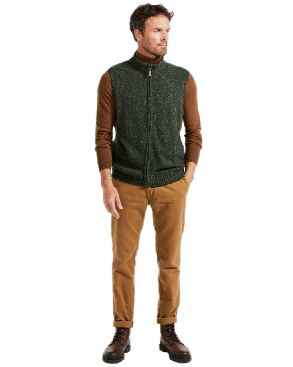 Green Coloured Aran Mens Rossport Nepped Gilet on white background