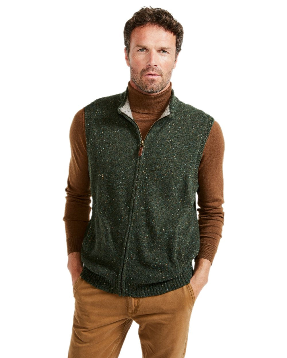Green Coloured Aran Mens Rossport Nepped Gilet on white background