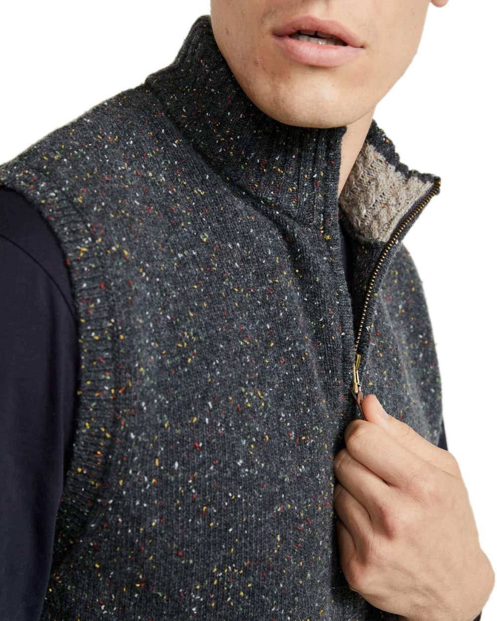 Grey Coloured Aran Mens Rossport Nepped Gilet on white background