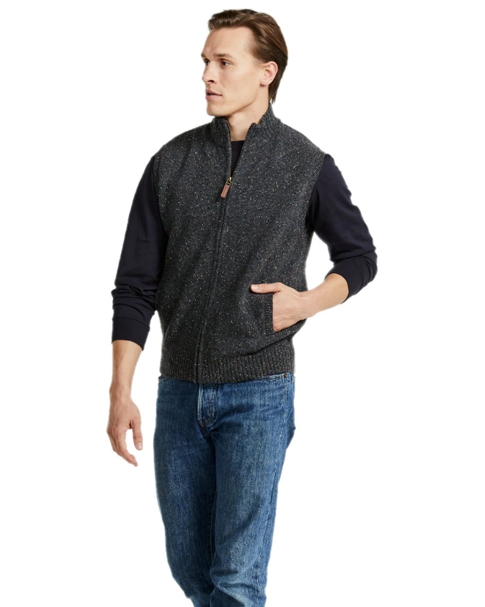 Grey Coloured Aran Mens Rossport Nepped Gilet on white background