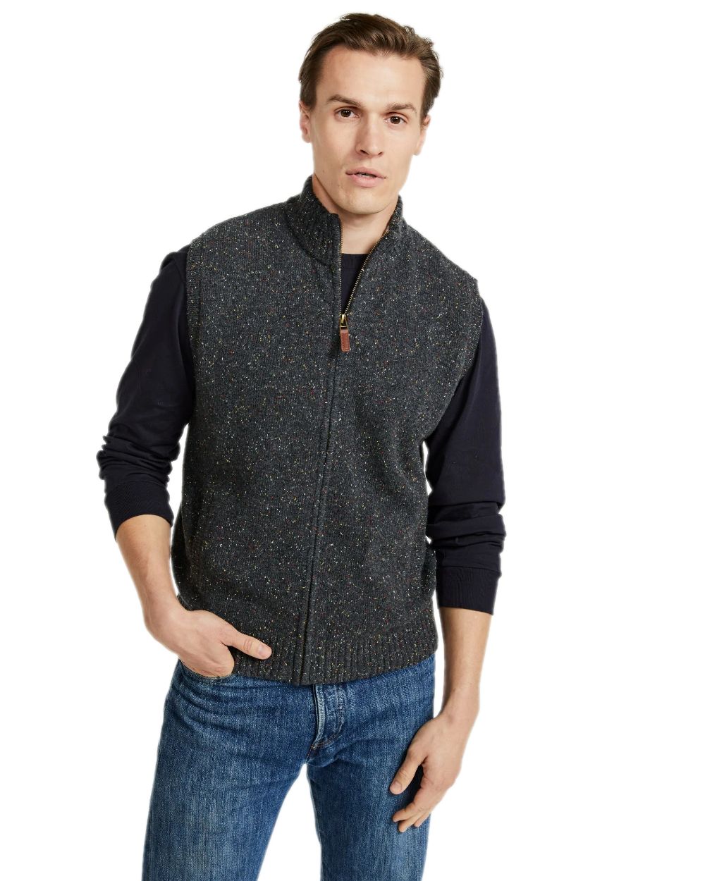 Grey Coloured Aran Mens Rossport Nepped Gilet on white background