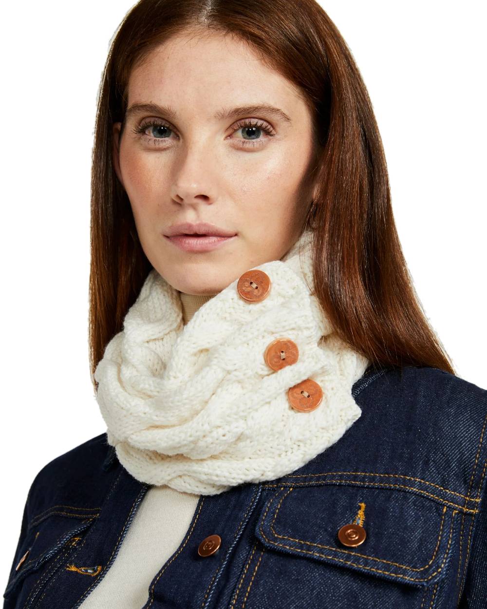 Cream colour Aran Merino Wool Button Snood on white background