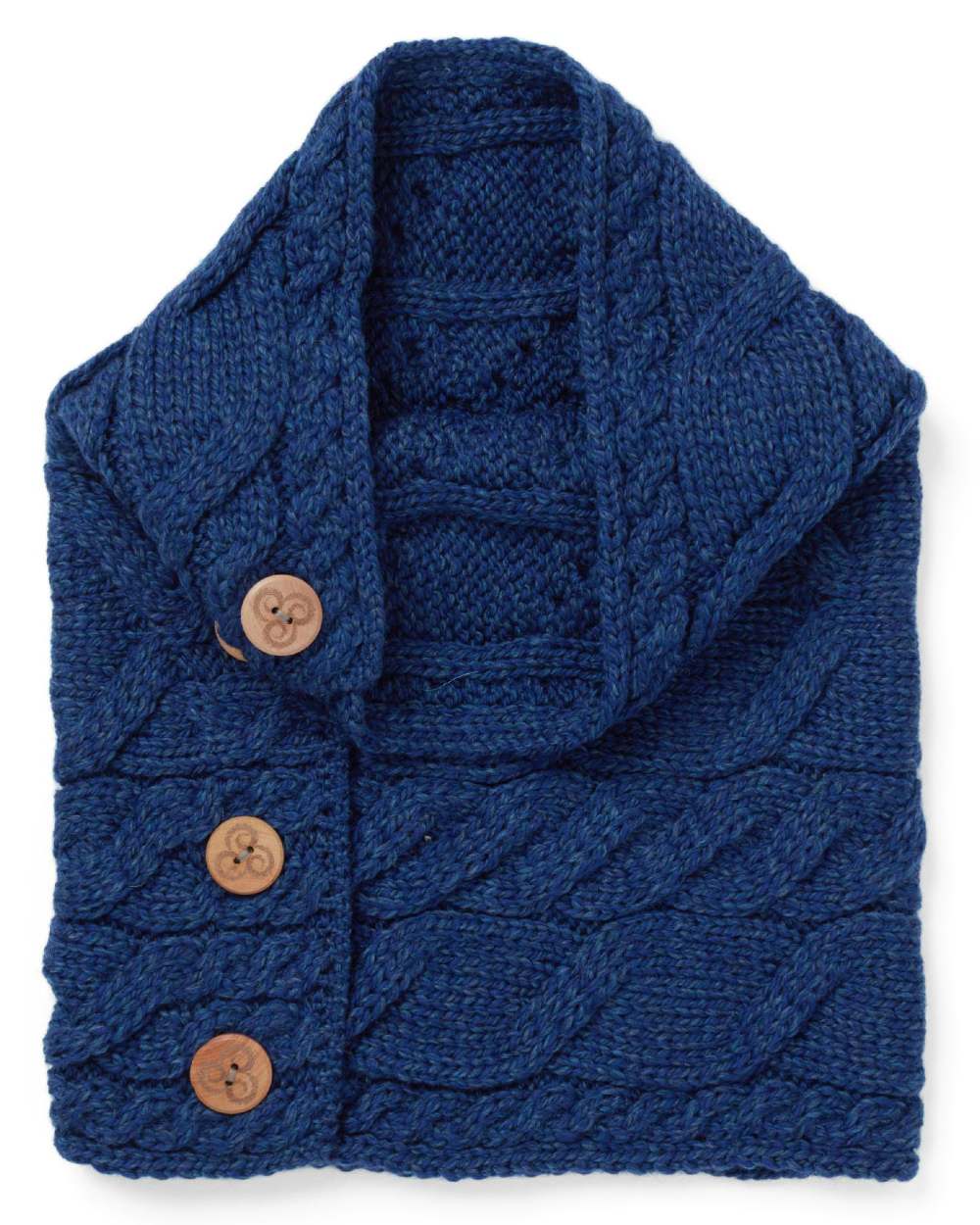 Navy colour Aran Merino Wool Button Snood on white background