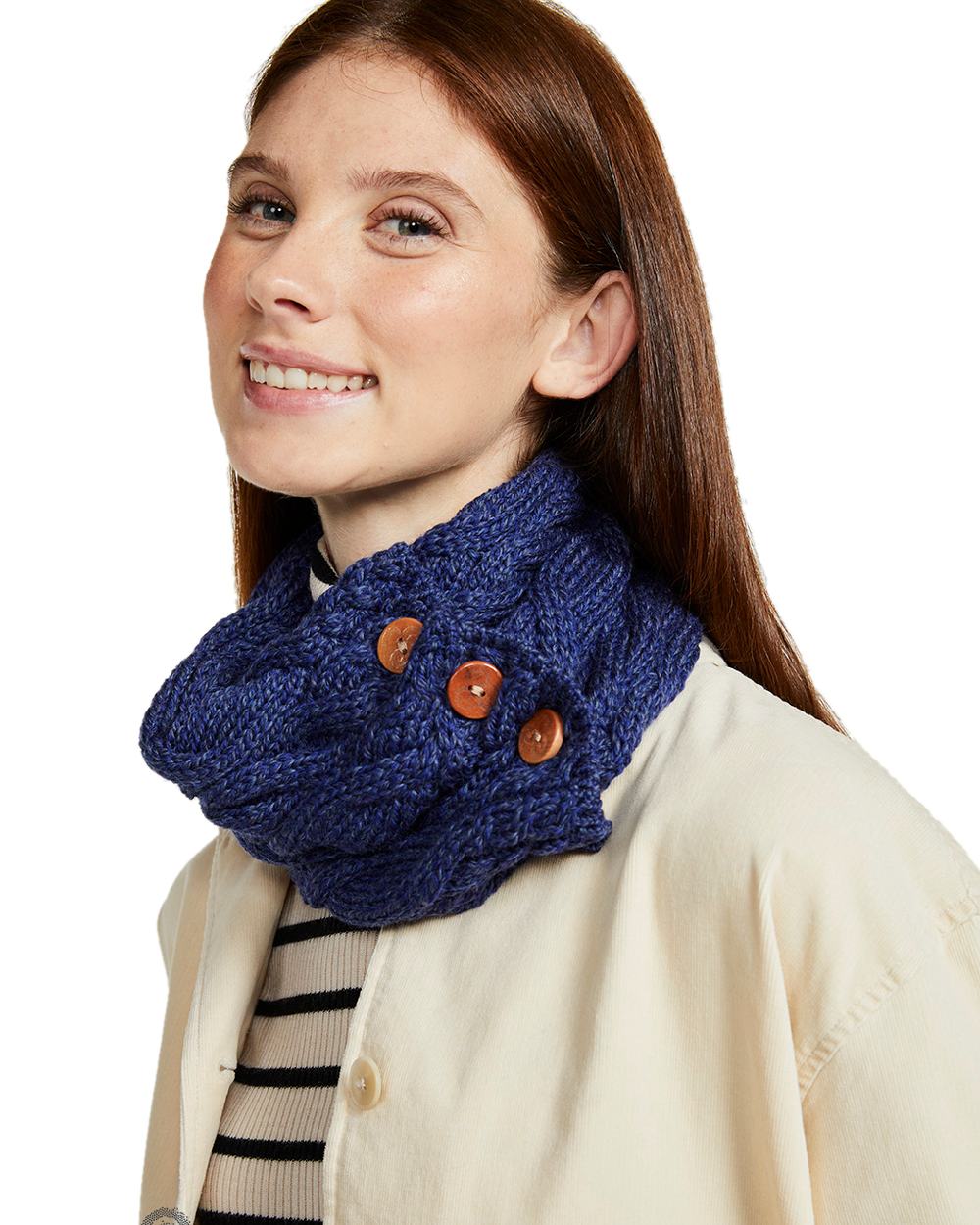 Navy colour Aran Merino Wool Button Snood on white background
