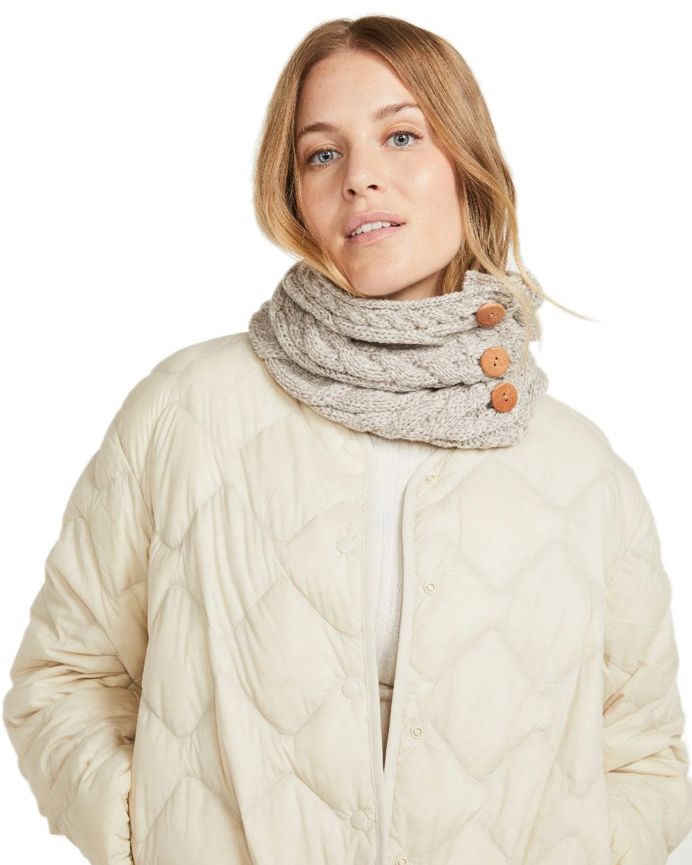 Oat colour Aran Merino Wool Button Snood on white background