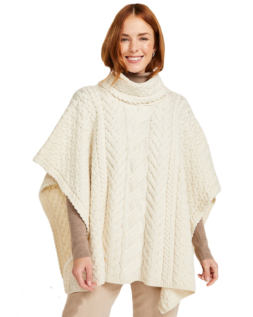 Cream Coloured Aran Merino Wool Cowl Neck Poncho on white background