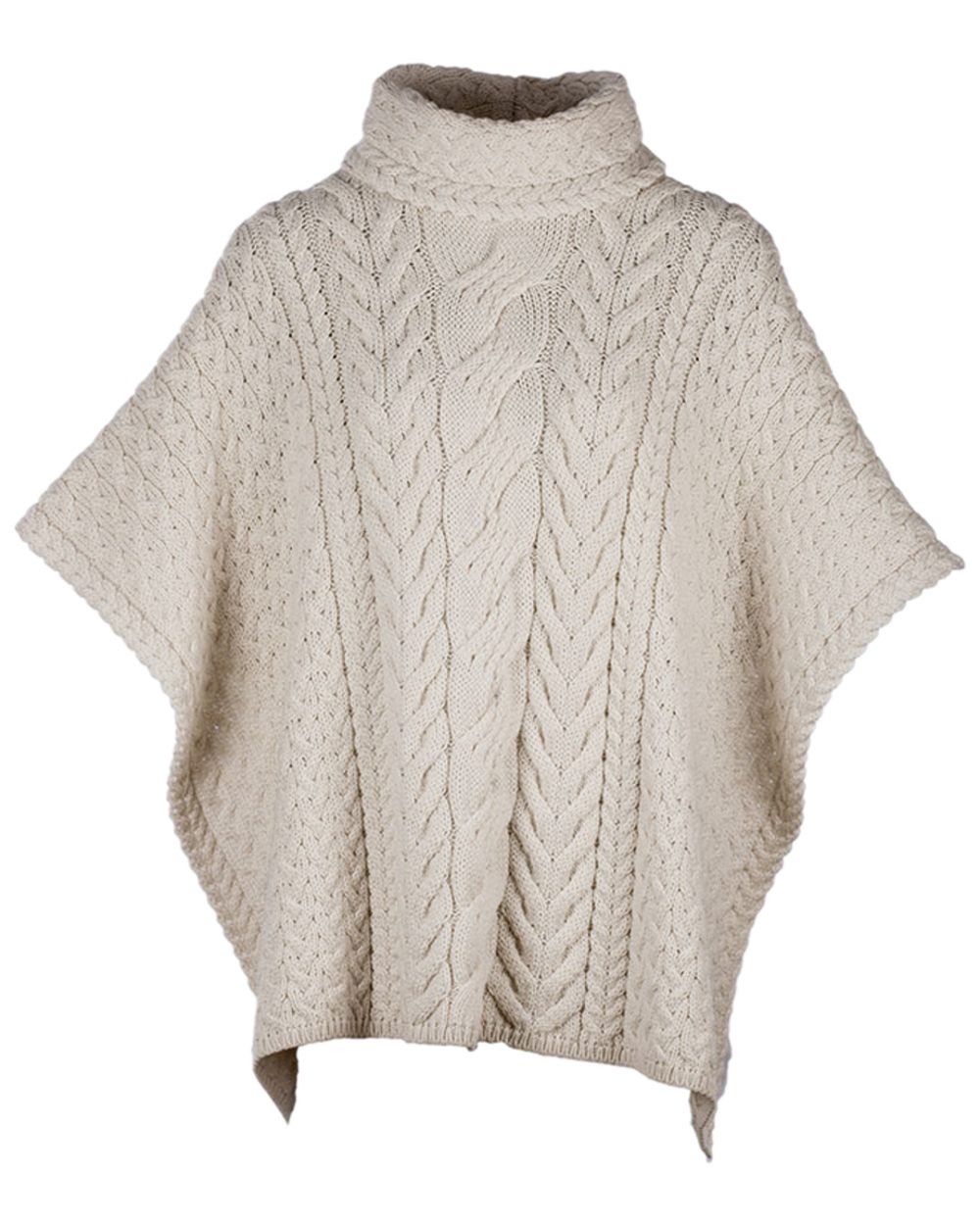 Cream Coloured Aran Merino Wool Cowl Neck Poncho on white background
