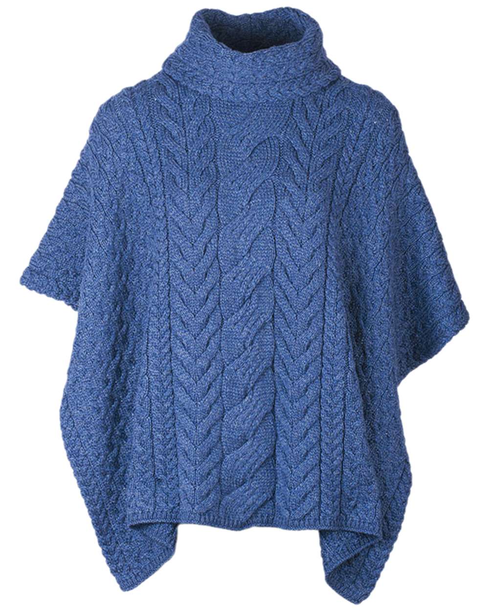 Deep Blue Coloured Aran Merino Wool Cowl Neck Poncho on white background
