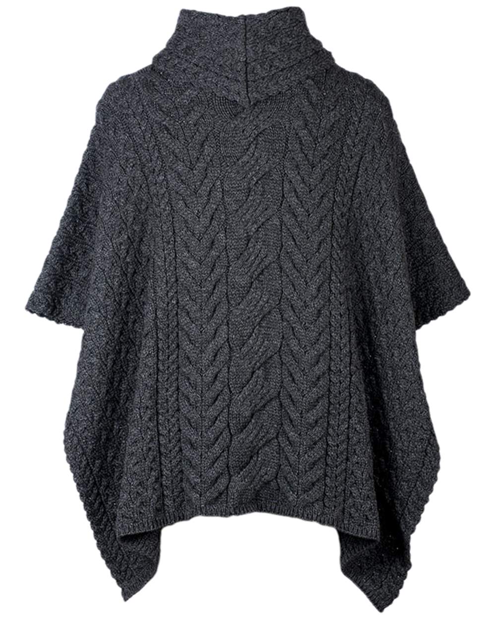 Grey Coloured Aran Merino Wool Cowl Neck Poncho on white background
