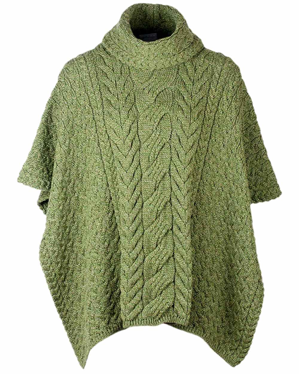 Sage Green Coloured Aran Merino Wool Cowl Neck Poncho on white background