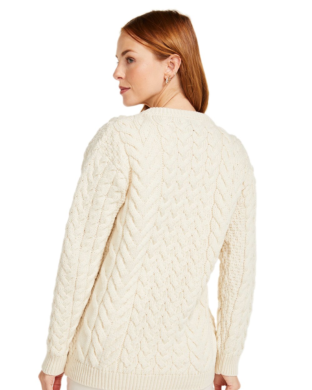 Cream Coloured Aran Merino Wool Crew Neck Jumper on white background