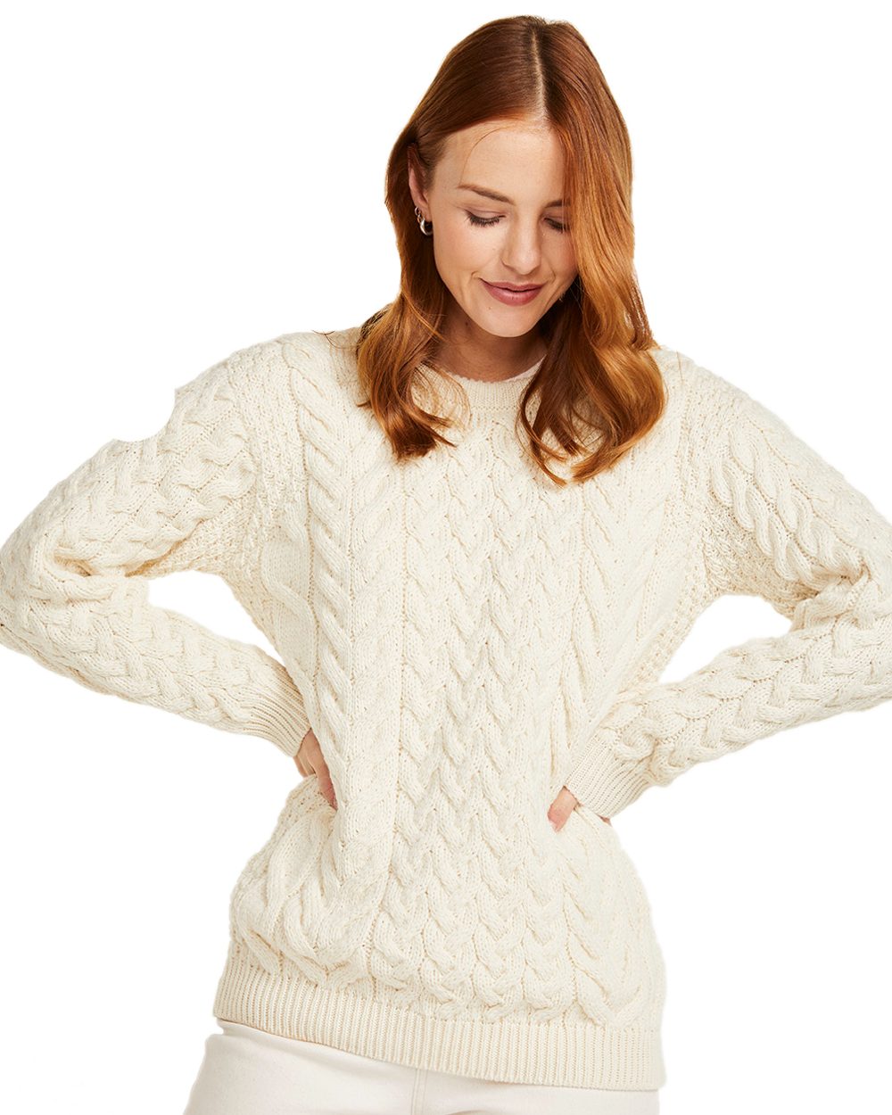 Cream Coloured Aran Merino Wool Crew Neck Jumper on white background