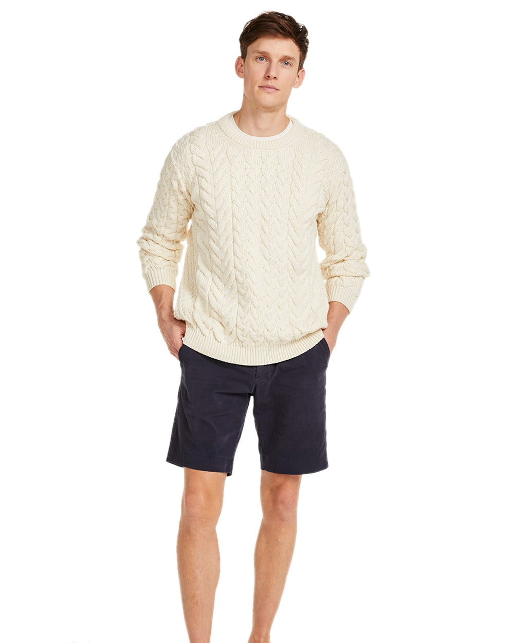 Cream Coloured Aran Merino Wool Crew Neck Jumper on white background