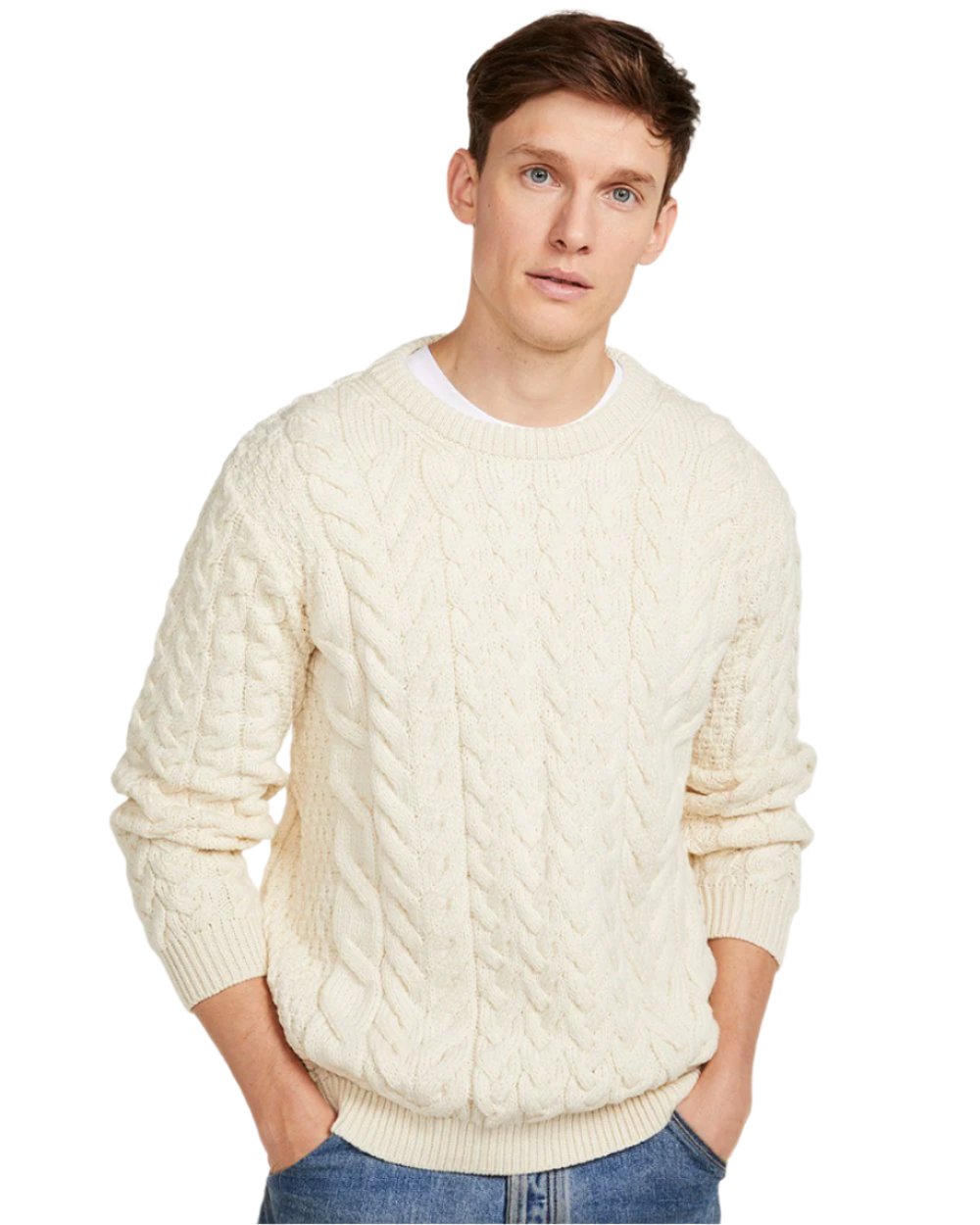 Cream Coloured Aran Merino Wool Crew Neck Jumper on white background