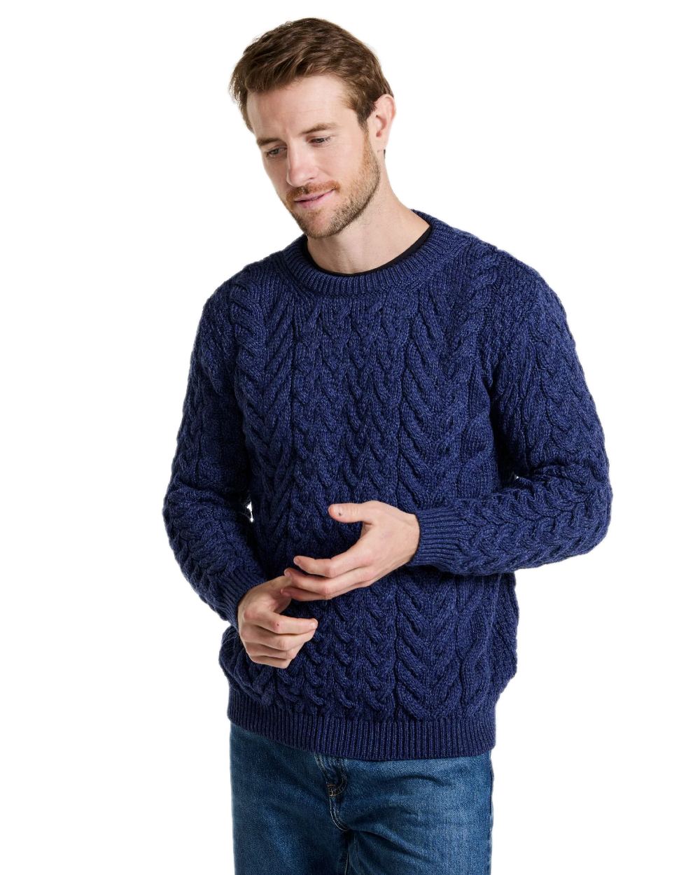 Deep Blue Coloured Aran Merino Wool Crew Neck Jumper on white background