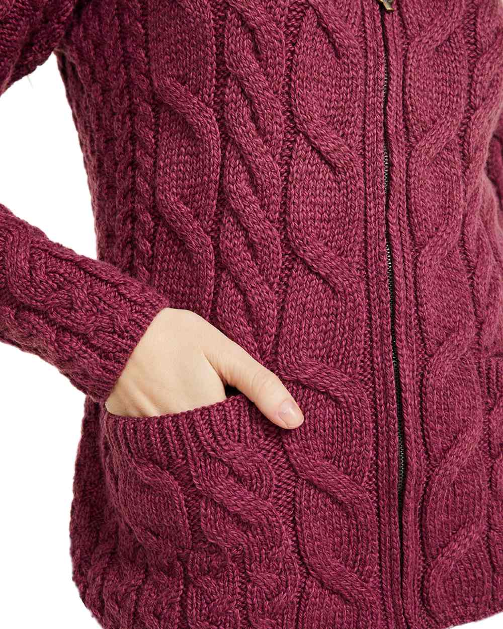 Jam Coloured Aran Merino Wool Full Zip Cardigan on white background