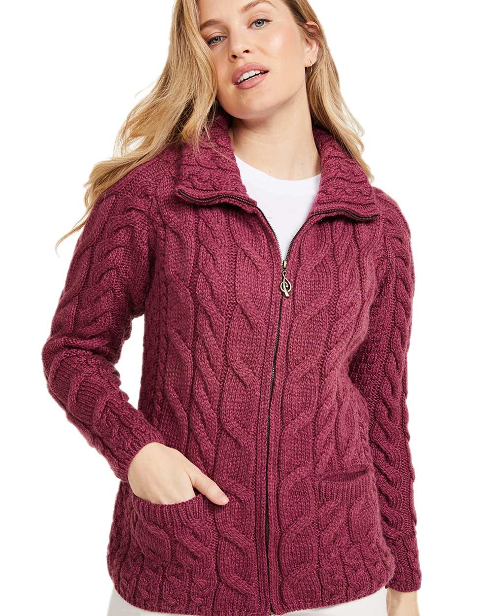 Jam Coloured Aran Merino Wool Full Zip Cardigan on white background