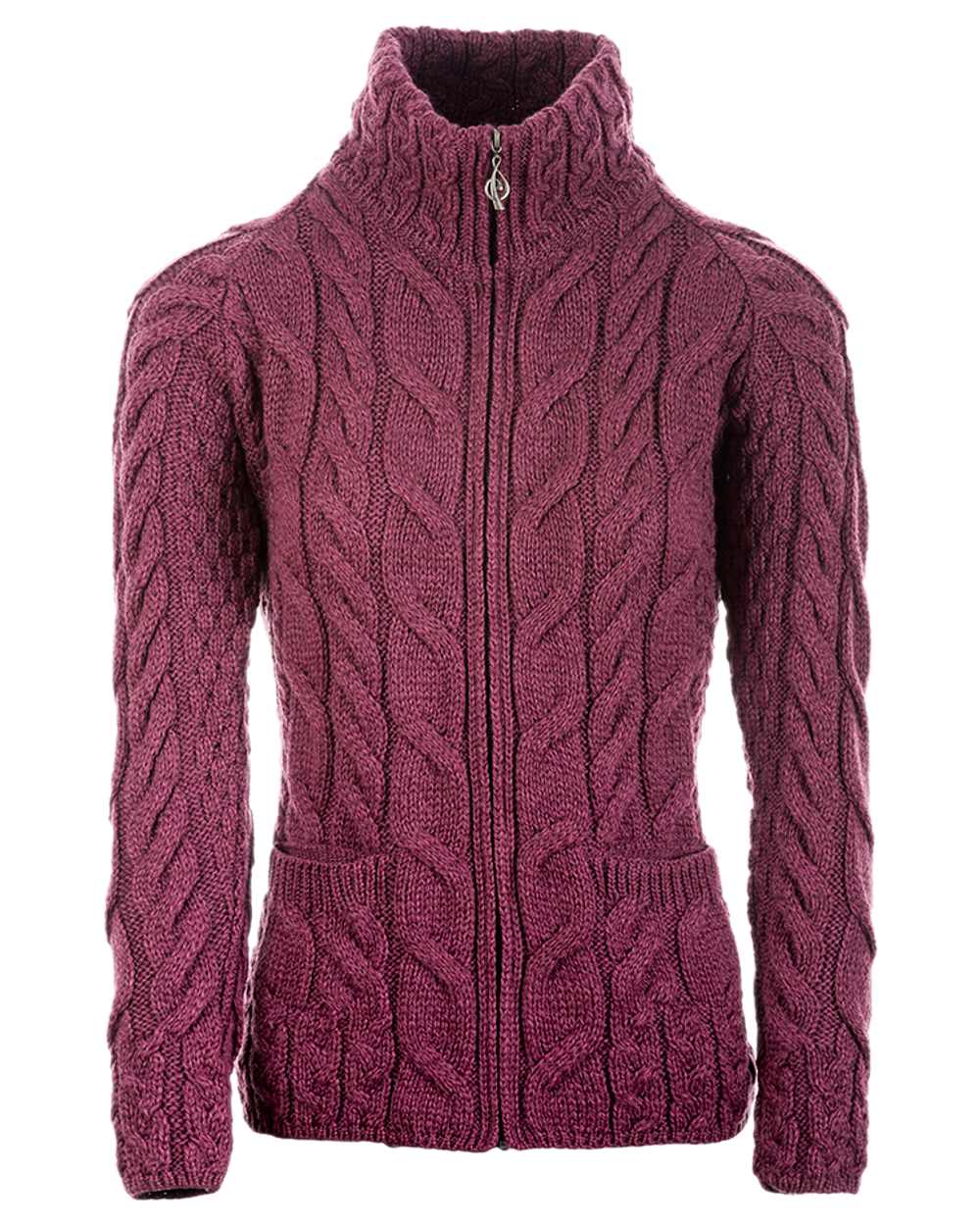 Jam Coloured Aran Merino Wool Full Zip Cardigan on white background