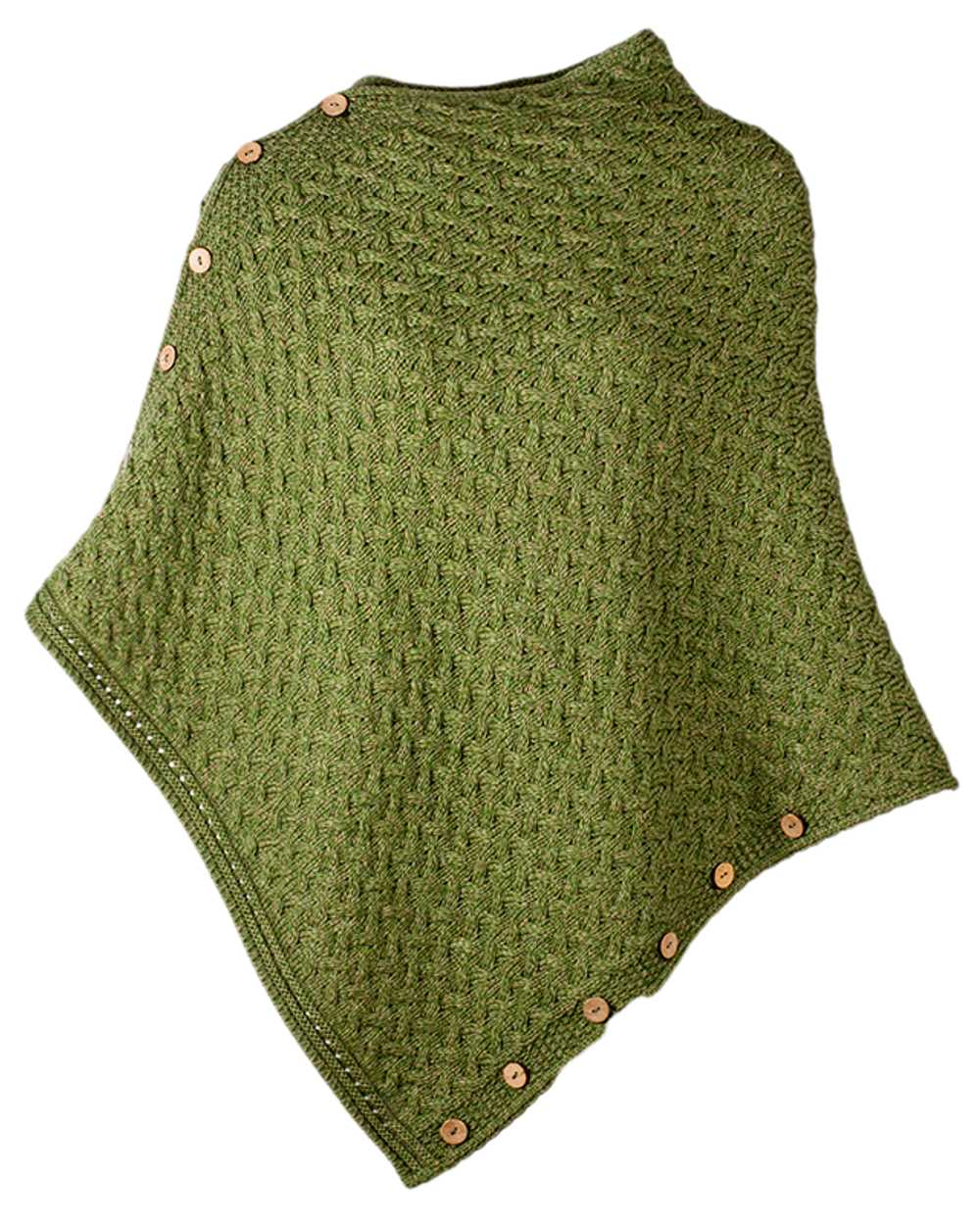 Sage Green Coloured Aran Merino Wool Knit Button Poncho on white background