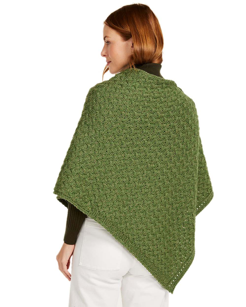 Sage Green Coloured Aran Merino Wool Knit Button Poncho on white background