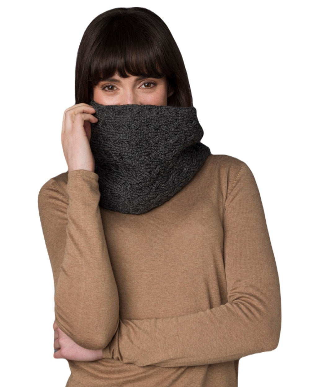 Charcoal coloured Aran Merino Wool Snood on white background