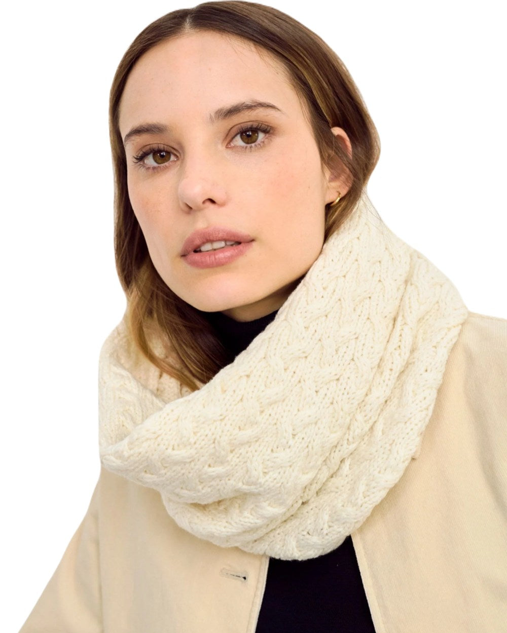 Cream coloured Aran Merino Wool Snood on white background
