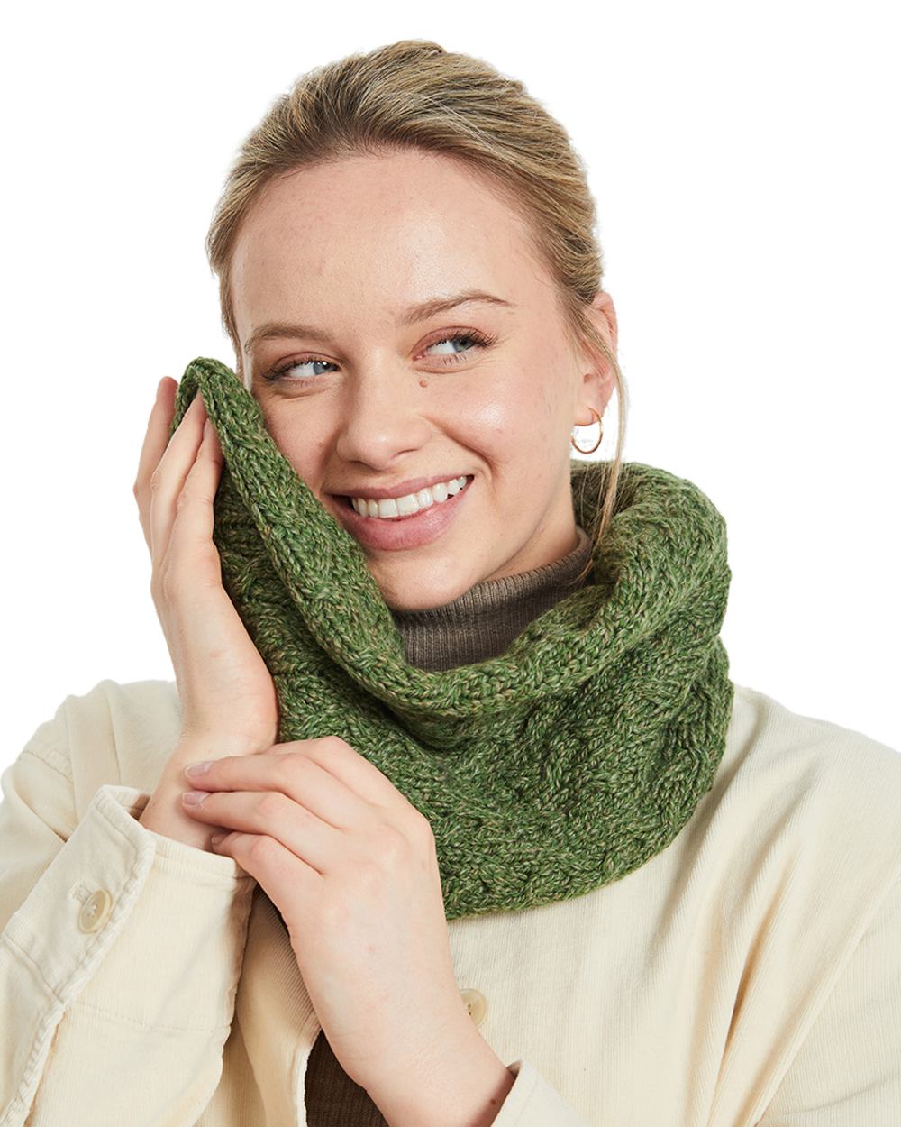 Green coloured Aran Merino Wool Snood on white background