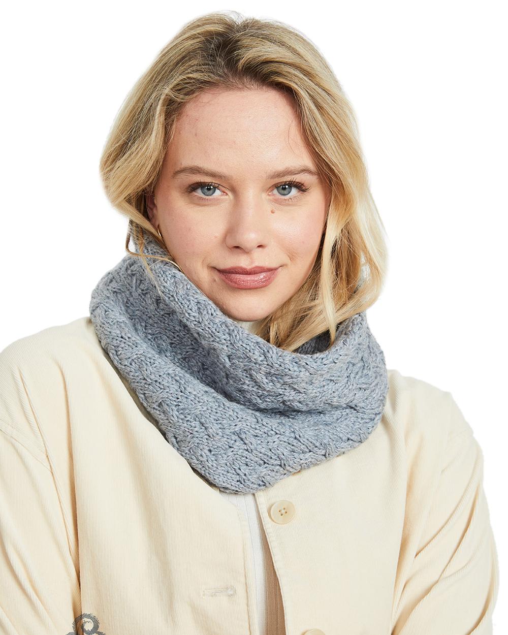 Grey coloured Aran Merino Wool Snood on white background