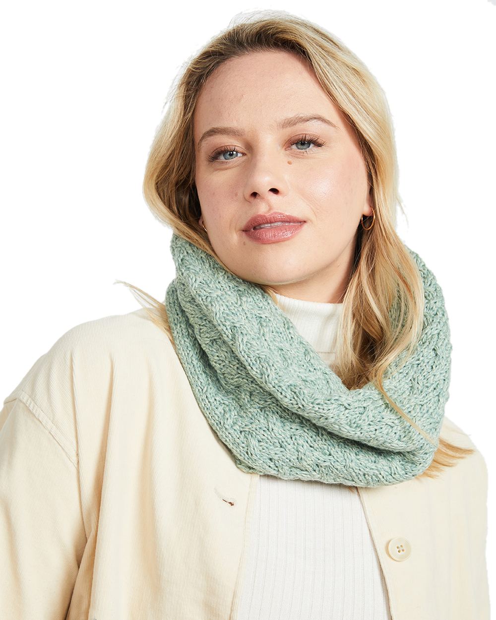 Mint Green coloured Aran Merino Wool Snood on white background