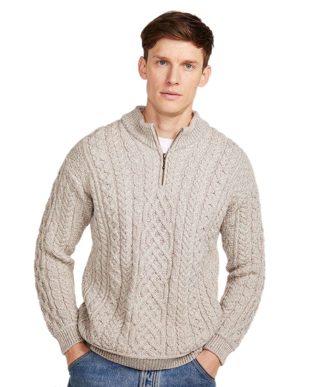 Oat Coloured Aran Supersoft Merino 1/2 Zip Jumper on white background