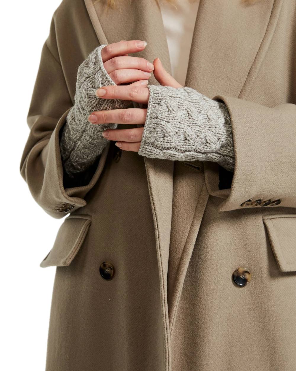 Oat Coloured Aran Supersoft Merino Fingerless Gloves on white background