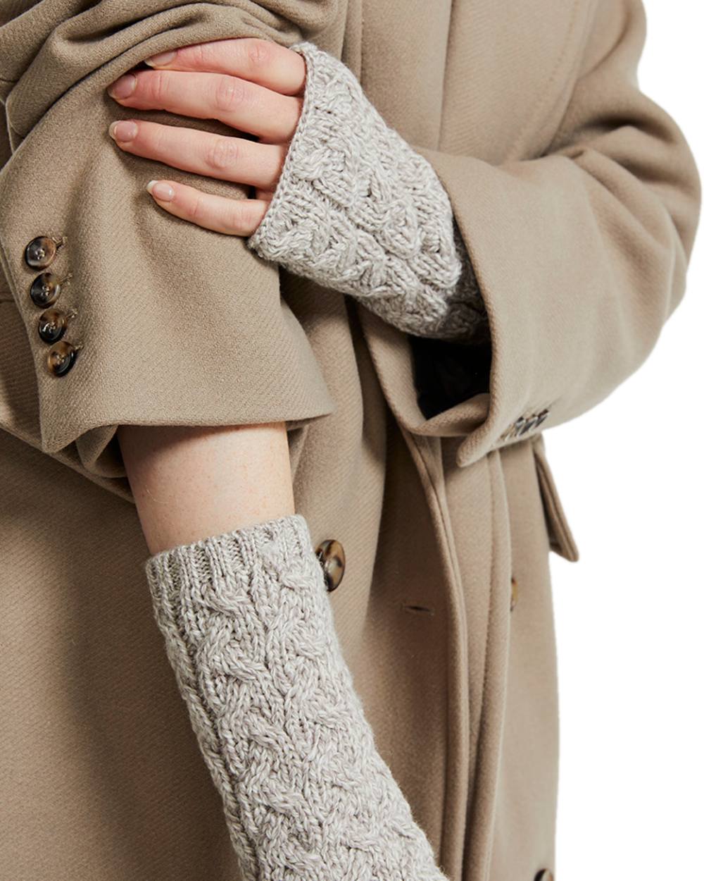 Oat Coloured Aran Supersoft Merino Fingerless Gloves on white background