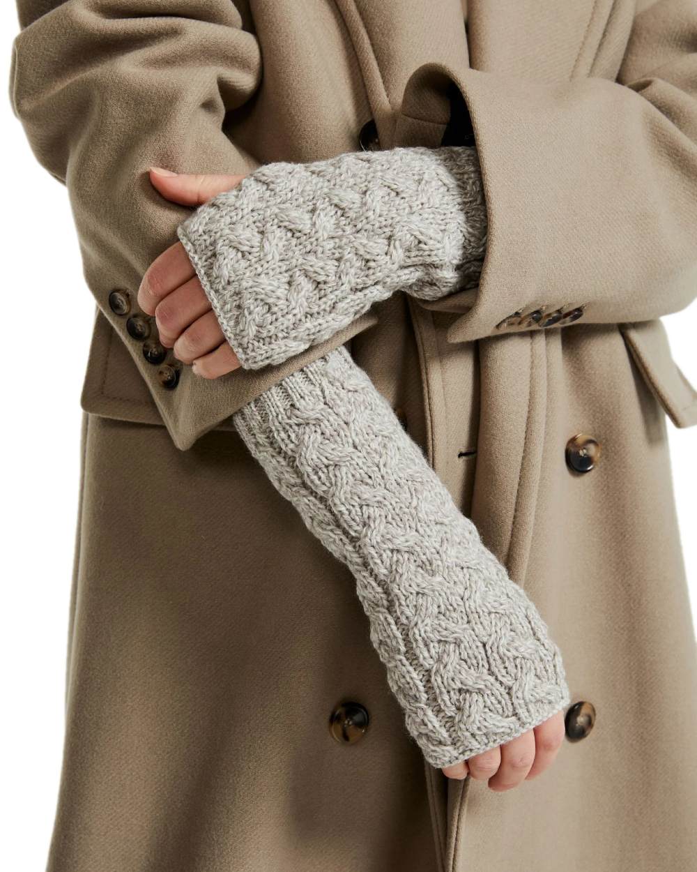 Oat Coloured Aran Supersoft Merino Fingerless Gloves on white background