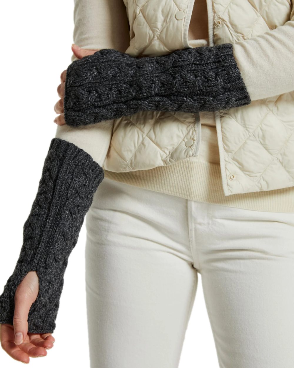 Slate Grey Coloured Aran Supersoft Merino Fingerless Gloves on white background