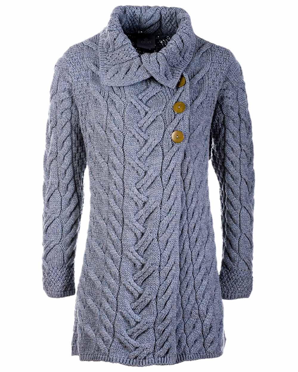 Ocean Grey Coloured Aran Supersoft Merino Wool Long Cardigan on white background