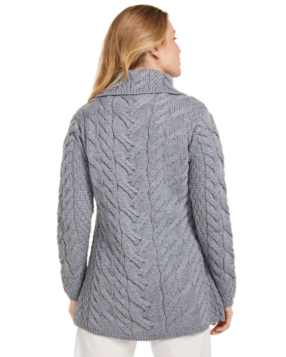 Ocean Grey Coloured Aran Supersoft Merino Wool Long Cardigan on white background