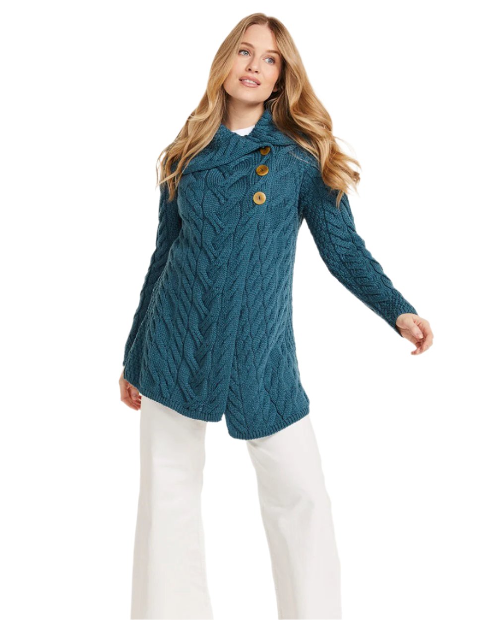 Teal Coloured Aran Supersoft Merino Wool Long Cardigan on white background