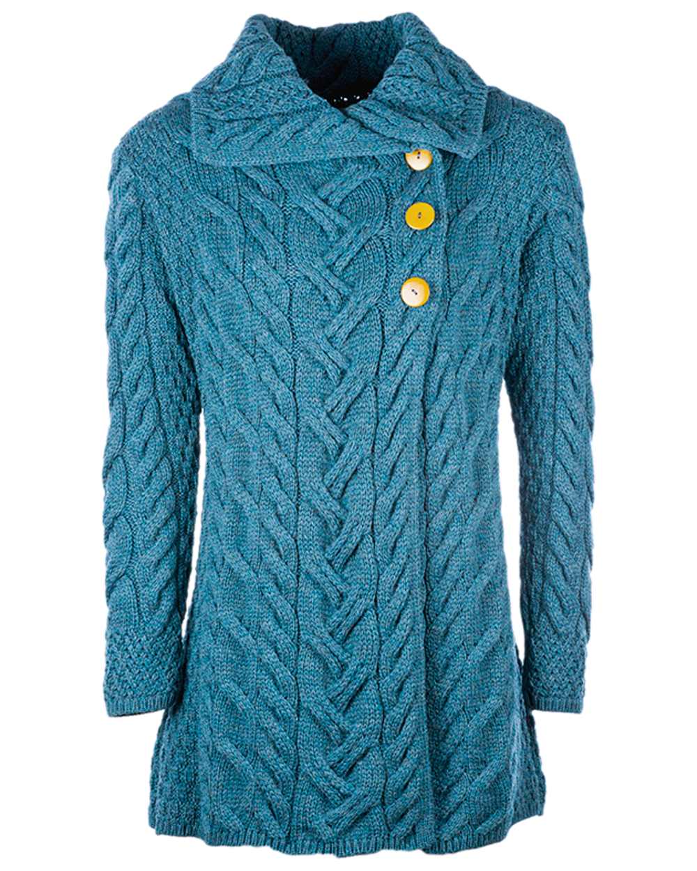 Teal Coloured Aran Supersoft Merino Wool Long Cardigan on white background