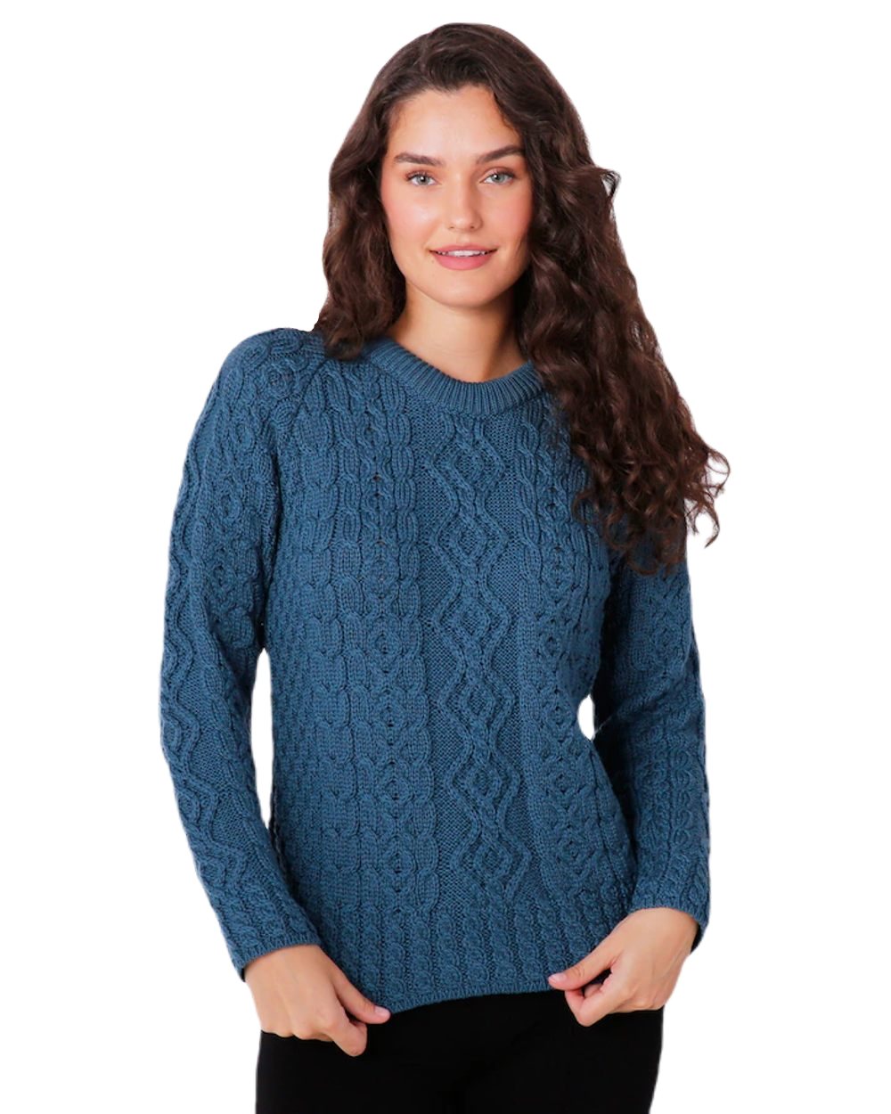 Irish Sea Coloured Aran Sweater with Raglan Sleeve on white background