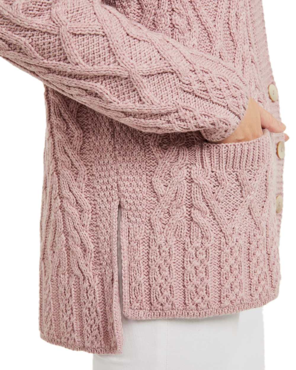 Blush Pink Coloured Aran Valentia Trellis Womens Cardigan on white background