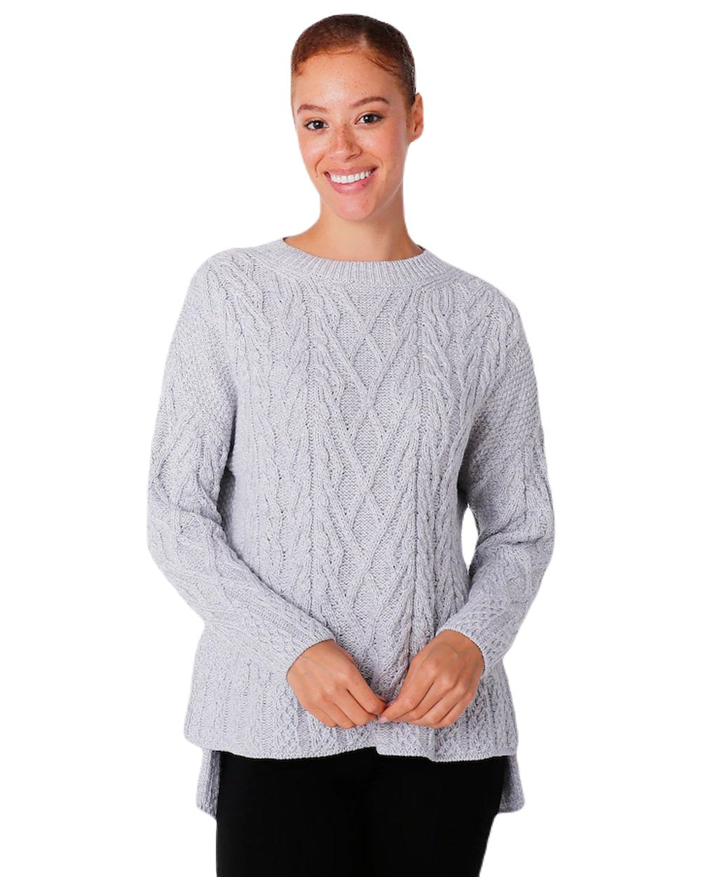 Feather Grey Coloured Aran Vented Box Sweater on white background