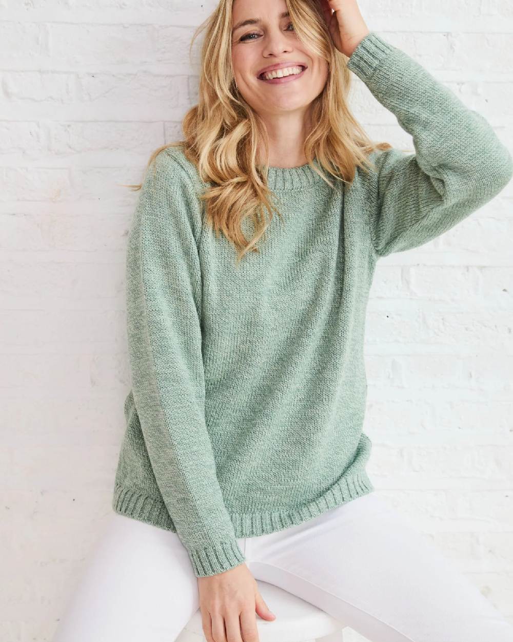 Mint Coloured Aran Womens Aoife Supersoft Crewneck Sweater on indoor background