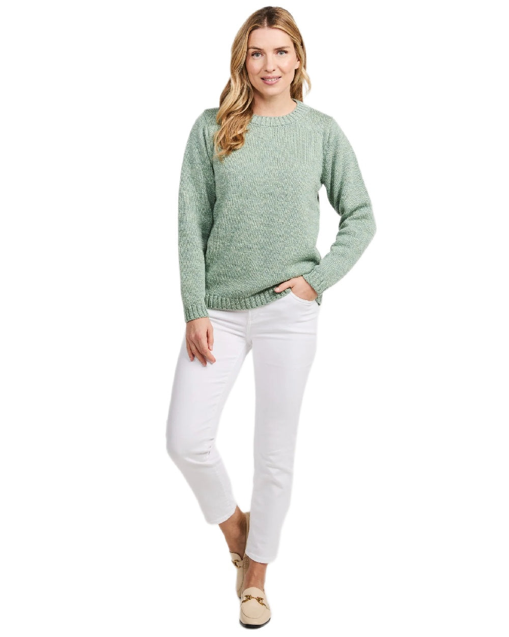 Mint Coloured Aran Womens Aoife Supersoft Crewneck Sweater on white background