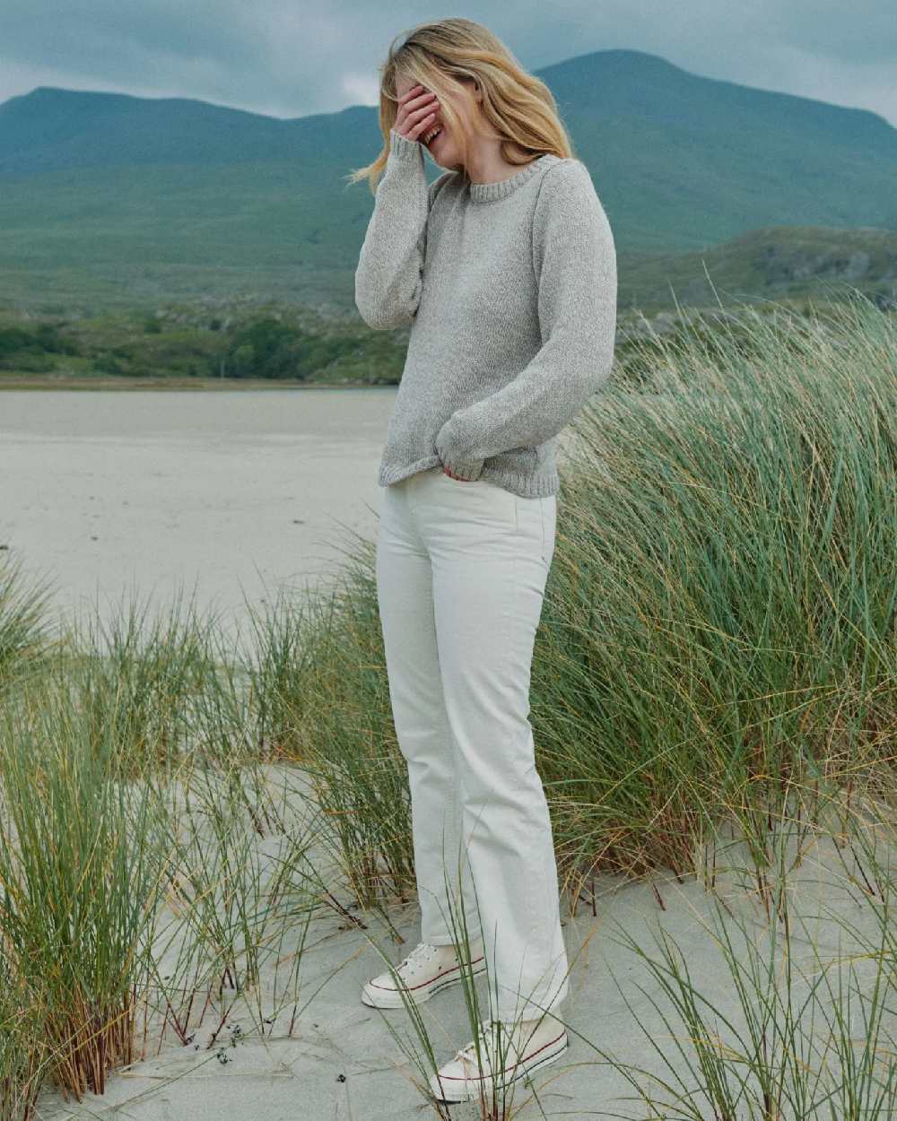 Oat Coloured Aran Womens Aoife Supersoft Crewneck Sweater on outdoor background
