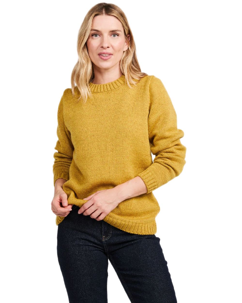 Yellow Coloured Aran Womens Aoife Supersoft Crewneck Sweater on white background