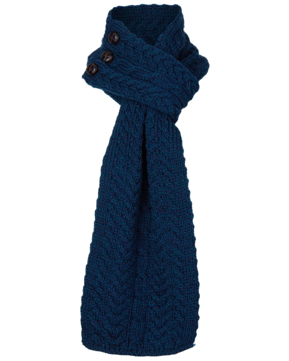 Atlantic Blue Coloured Aran Womens Ballina Buttoned Loop Scarf on white background